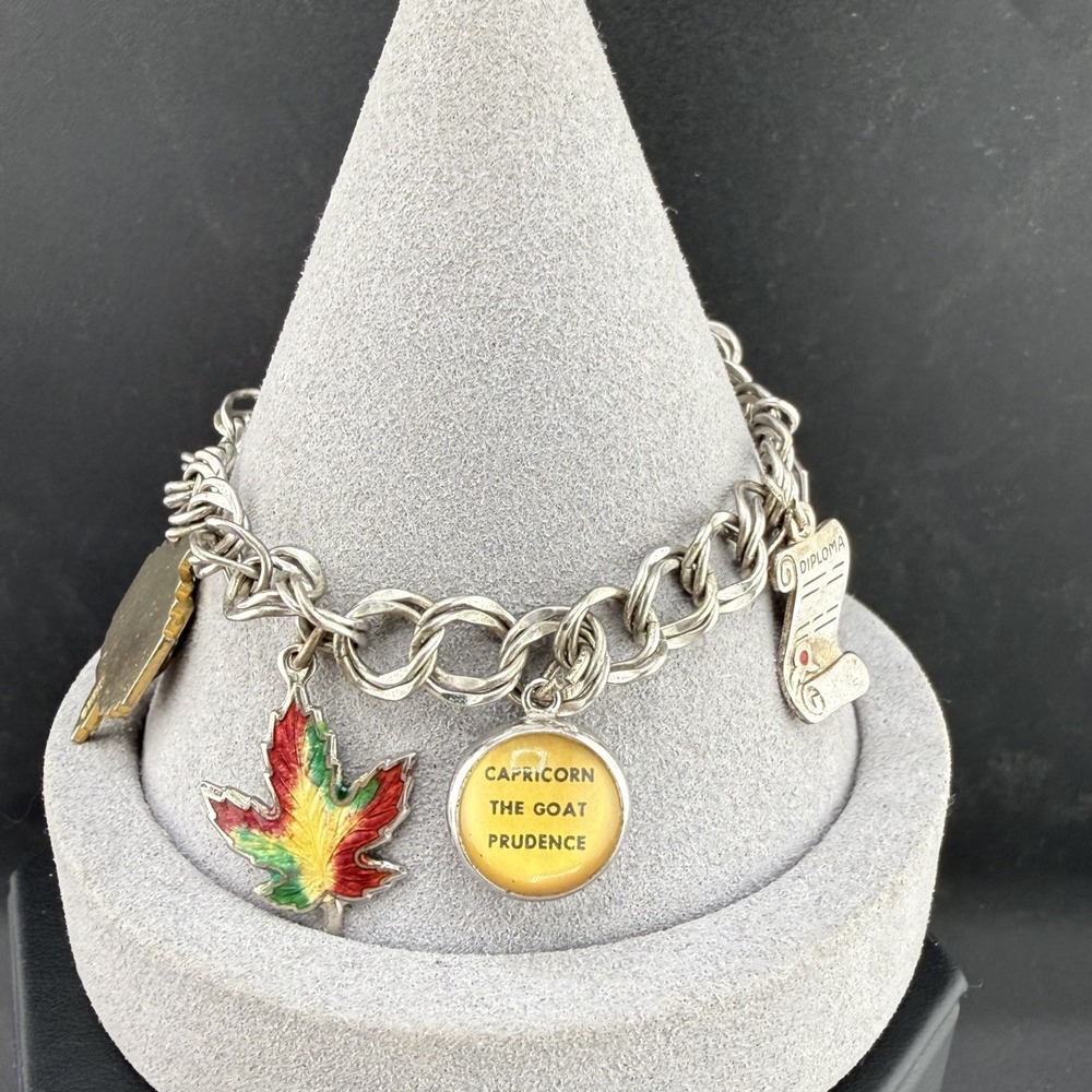 Vintage‎ Sterling Silver Charm Bracelet High School Capricorn Graduation 6.5"